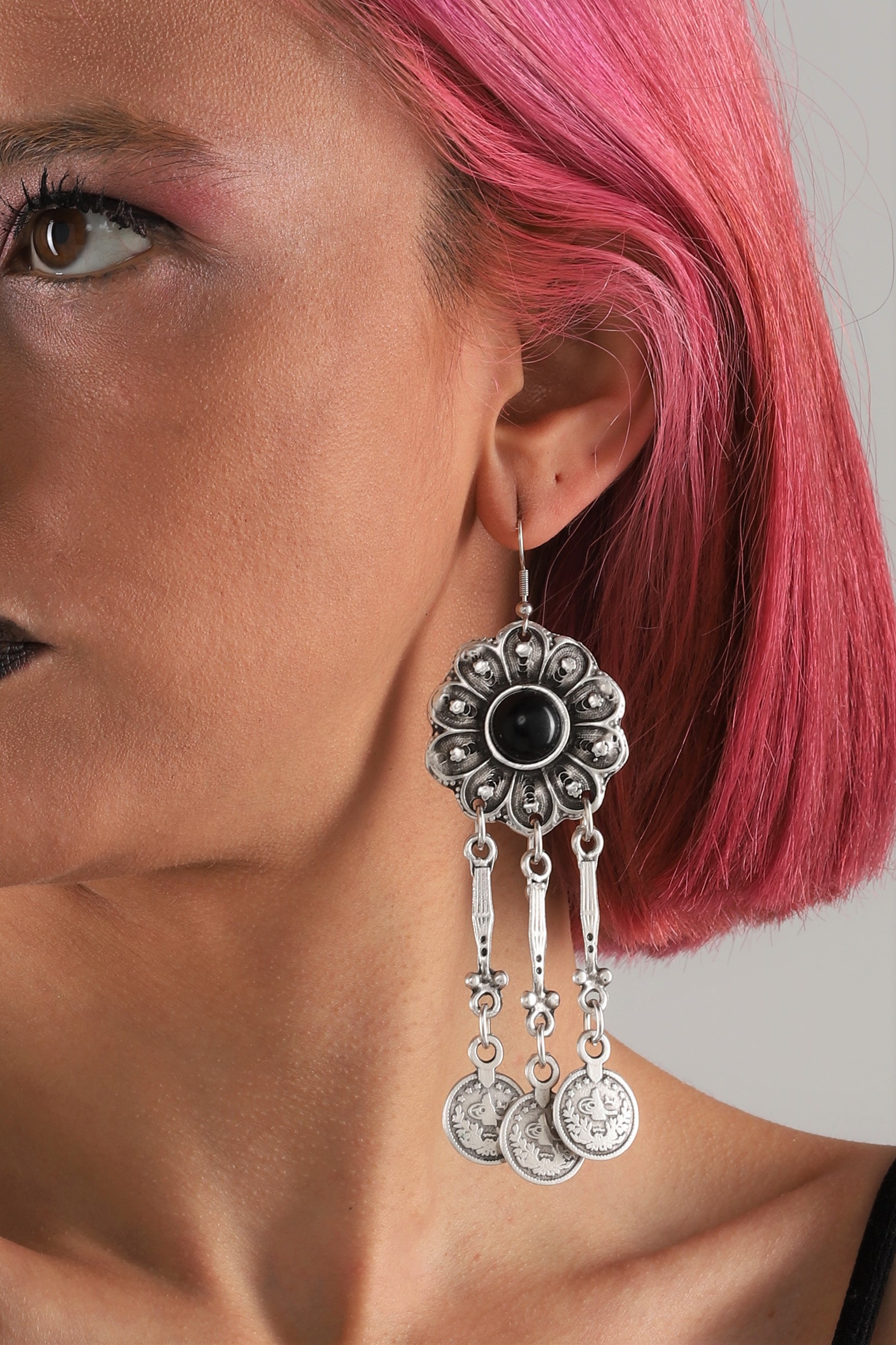 silvertone gothic with black stone earring