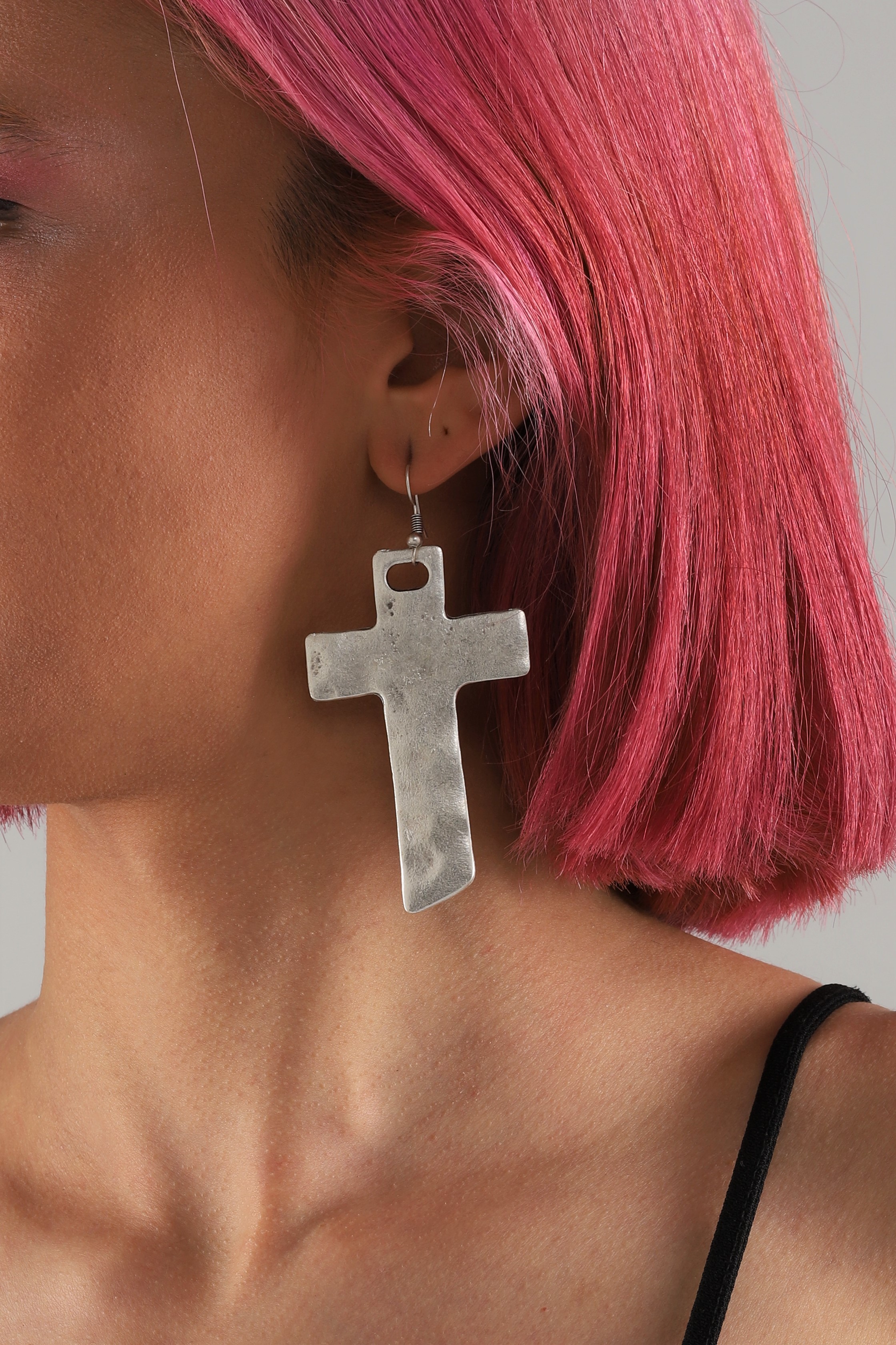 silvertone cross earring