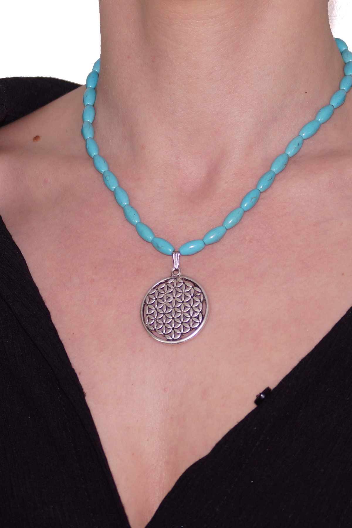 Turquoise Natural Stone Silver Plated Flower of Life Necklace