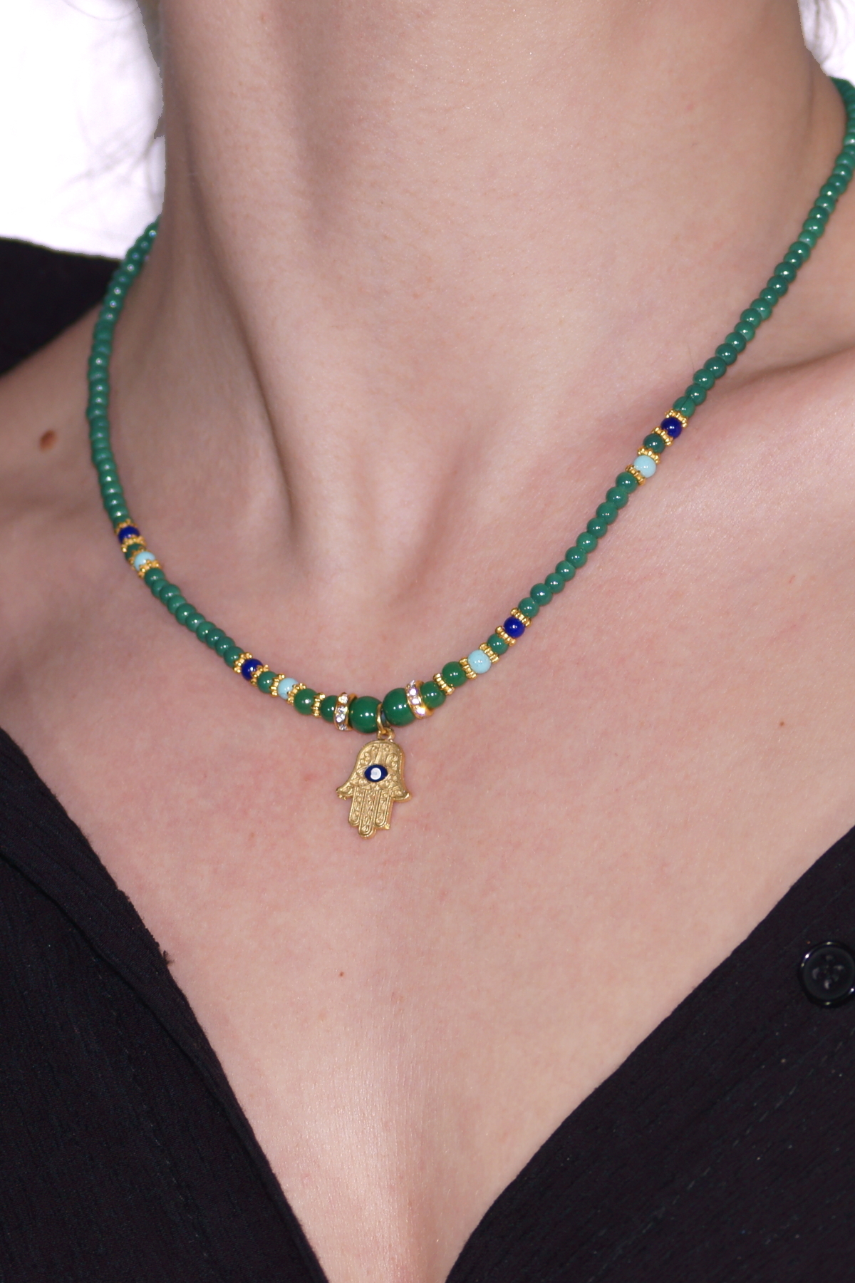Green Stone Necklace with Handmade Gold Plated Hamsa Symbol
