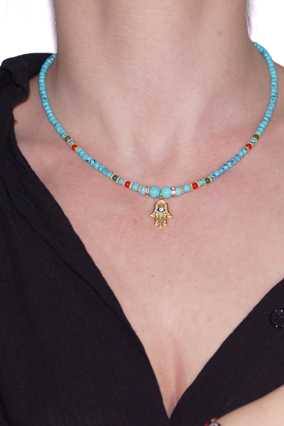 Handmade Gold Plated Hamsa Symbol Turquoise Stone Necklace