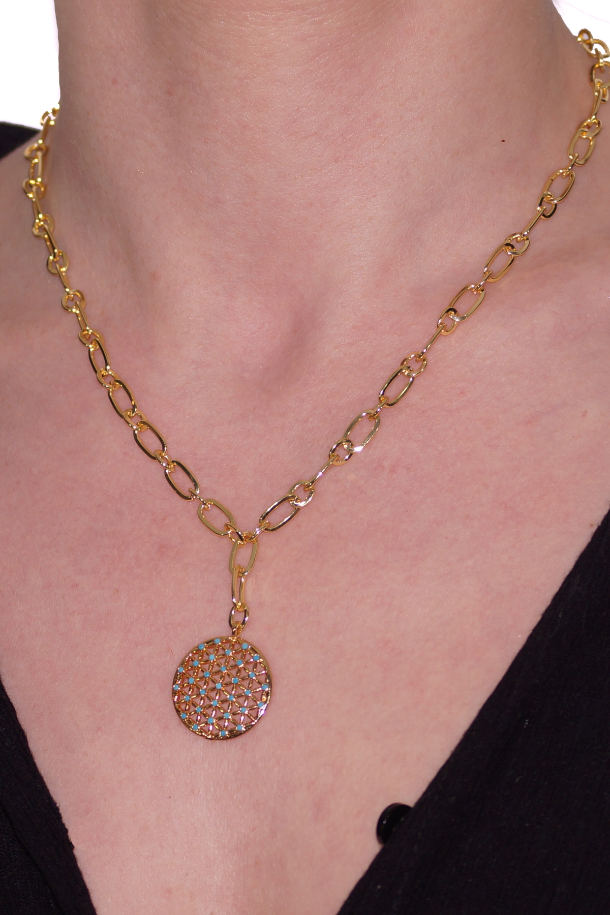 Flower of Life Figured Gold Plated Thick Chain Necklace