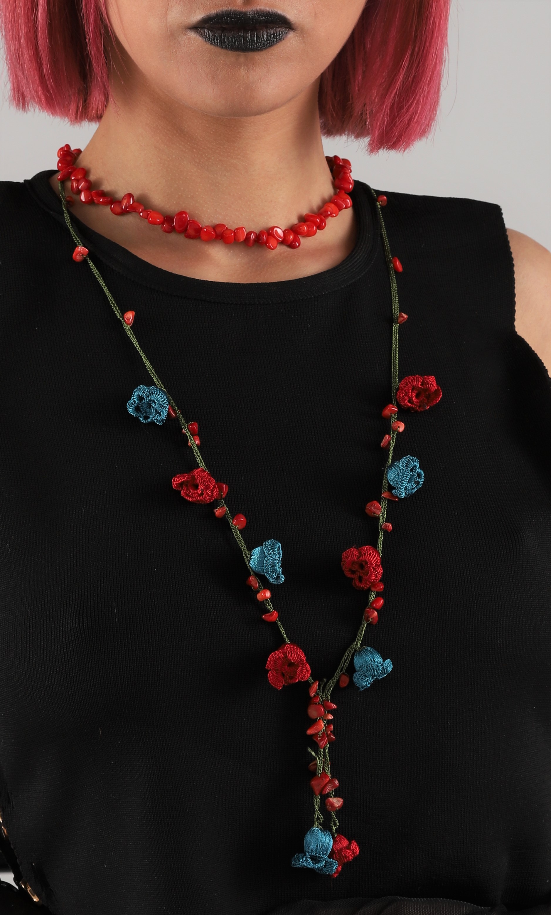 Gothic romance Red & Blue Lace Rose & coral necklace