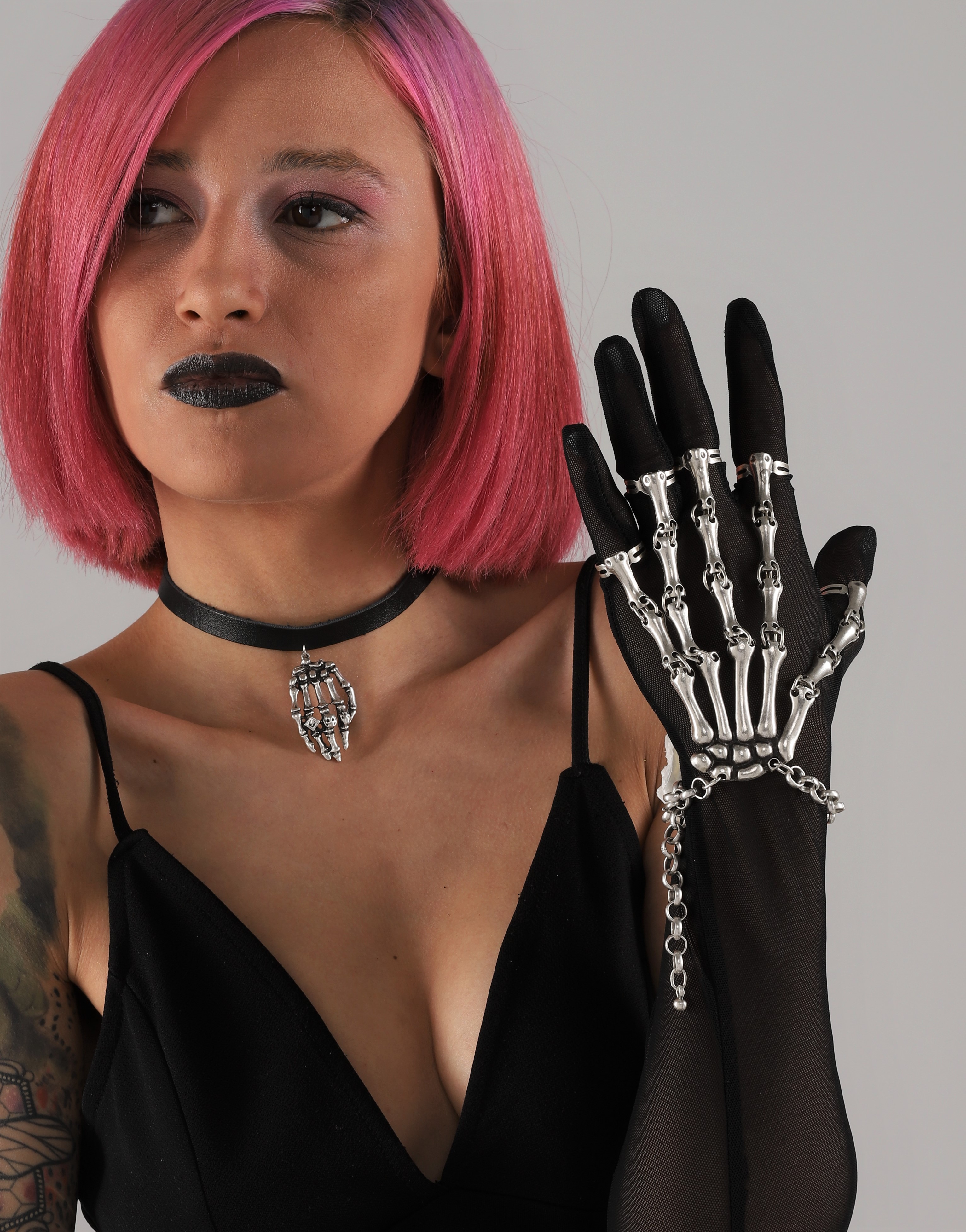 Skeleton Hand Wrist-to-Ring Bracelet & leather choker
