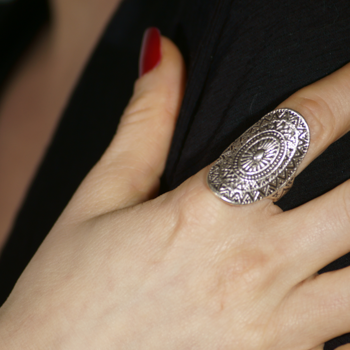 Ethnic Pattern Silver Plated Adjustable Ring