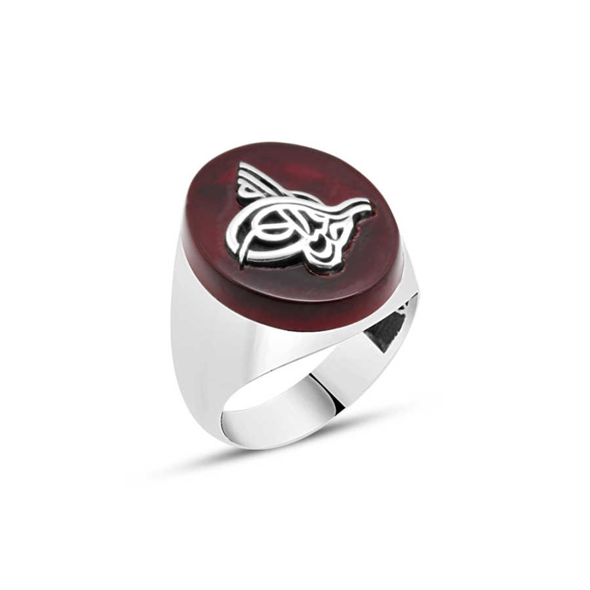 Agate Stone Tugra Sterling Silver Men's Ring