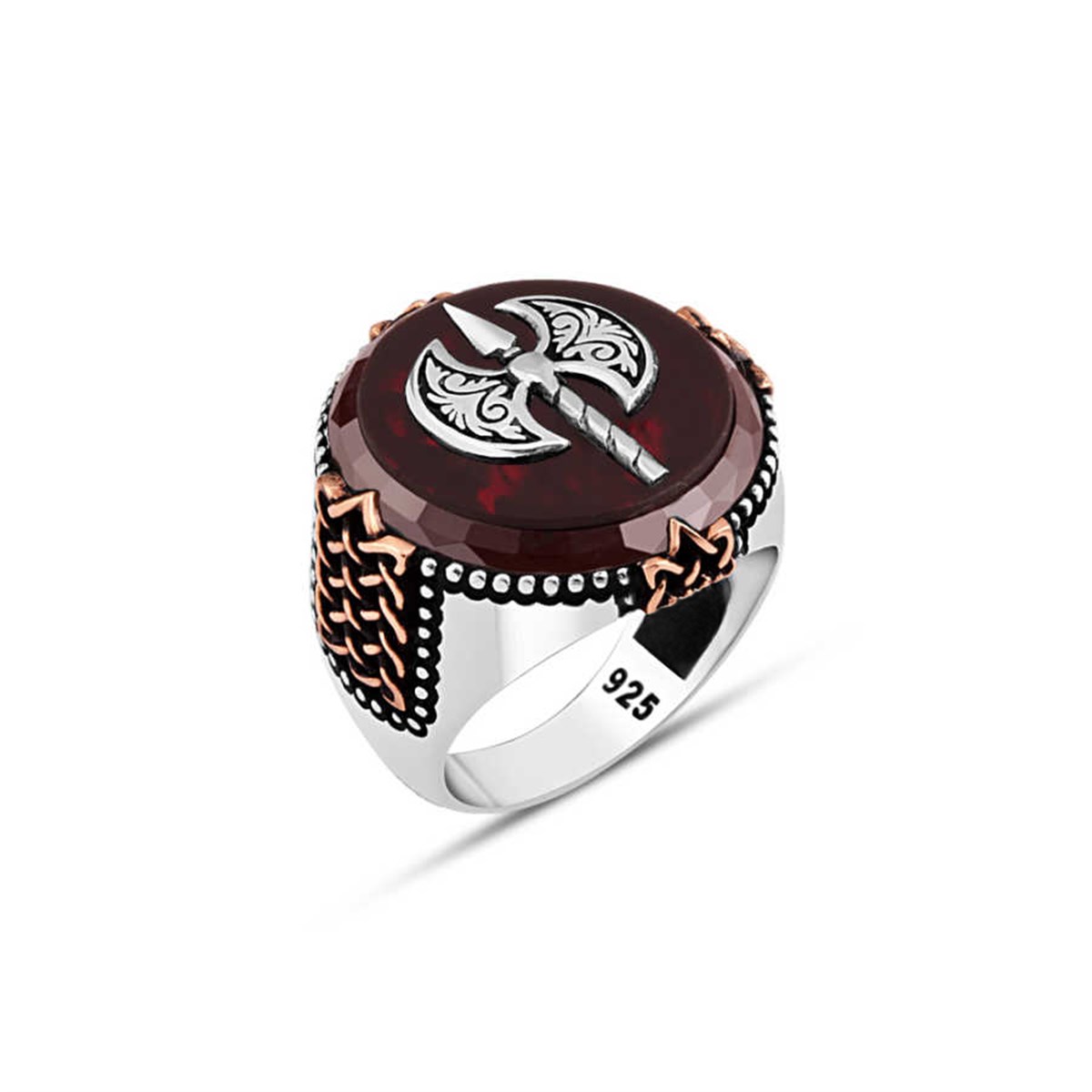 Agate Stone Double Headed Ax Silver Men's Ring