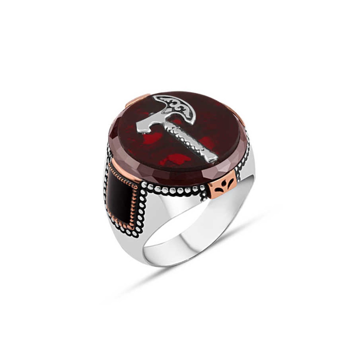 Agate Stone Ax Silver Men's Ring