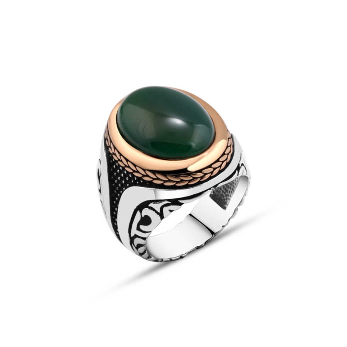 Green Agate Stone Sterling Silver Men's Ring