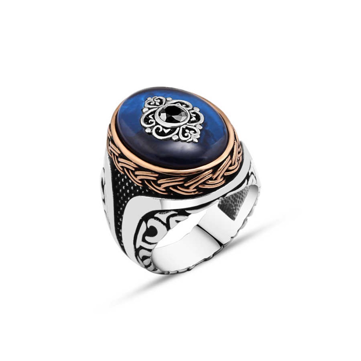 Blue Synthetic Amber Motif Sterling Silver Men's Ring