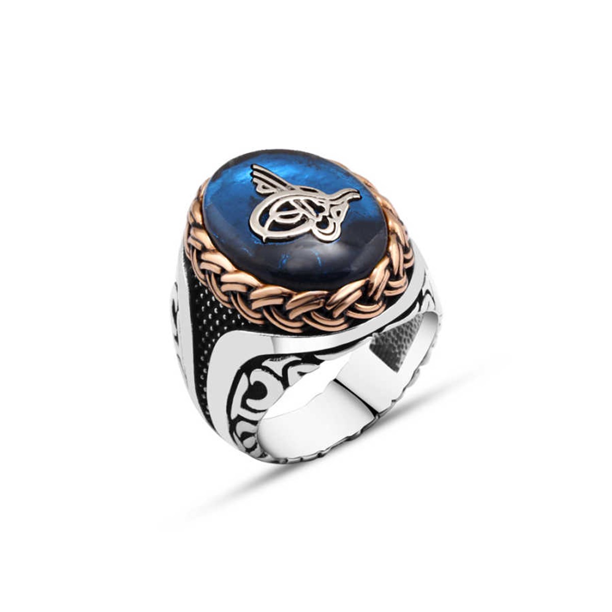 Synthetic Blue Amber Tugra Sterling Silver Men's Ring