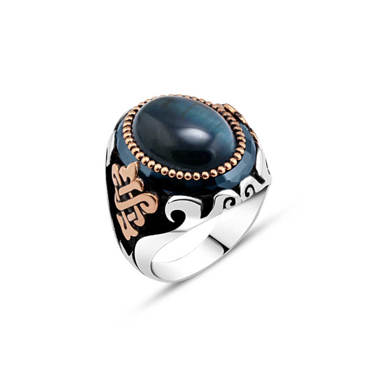 Blue Tiger Eye Sterling Silver Men's Ring with Hood Stone
