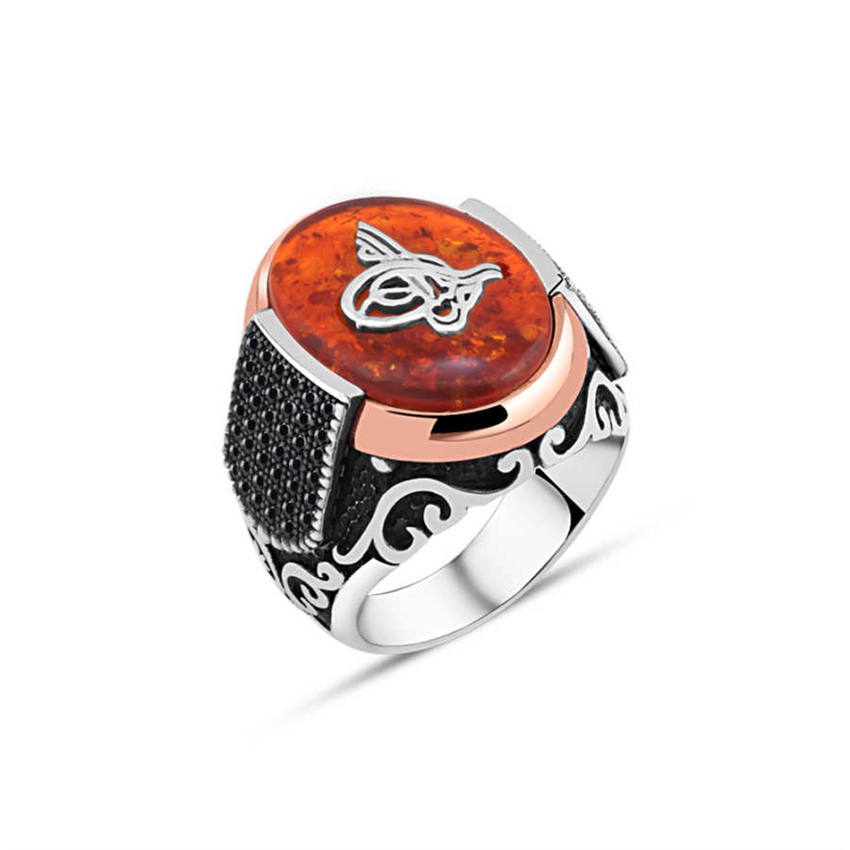 Synthetic Amber Tugra Motif Sterling Silver Men's Ring