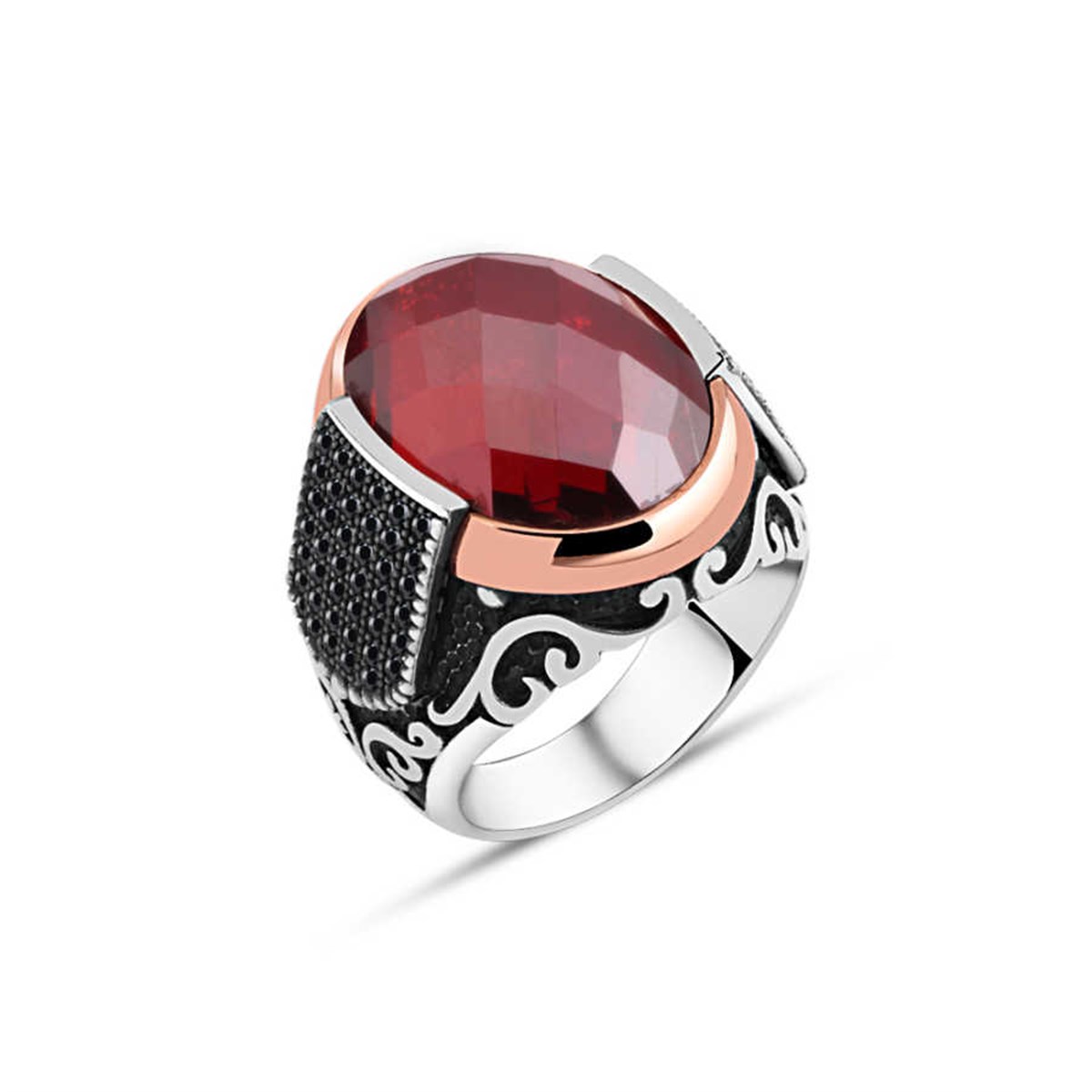 Cut Red Zircon Stone Sterling Silver Men's Ring