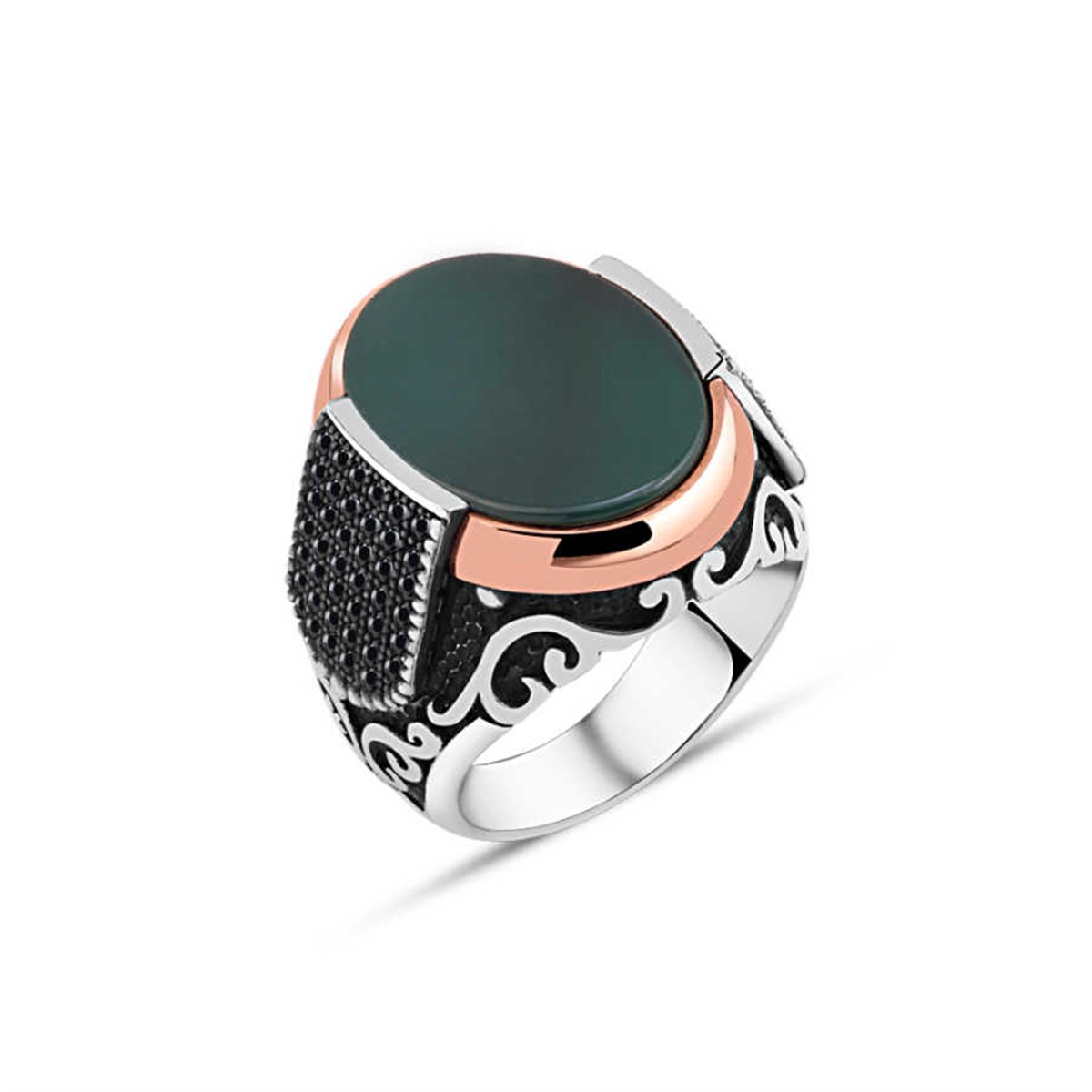 Plain Green Agate Stone Sterling Silver Men's Ring