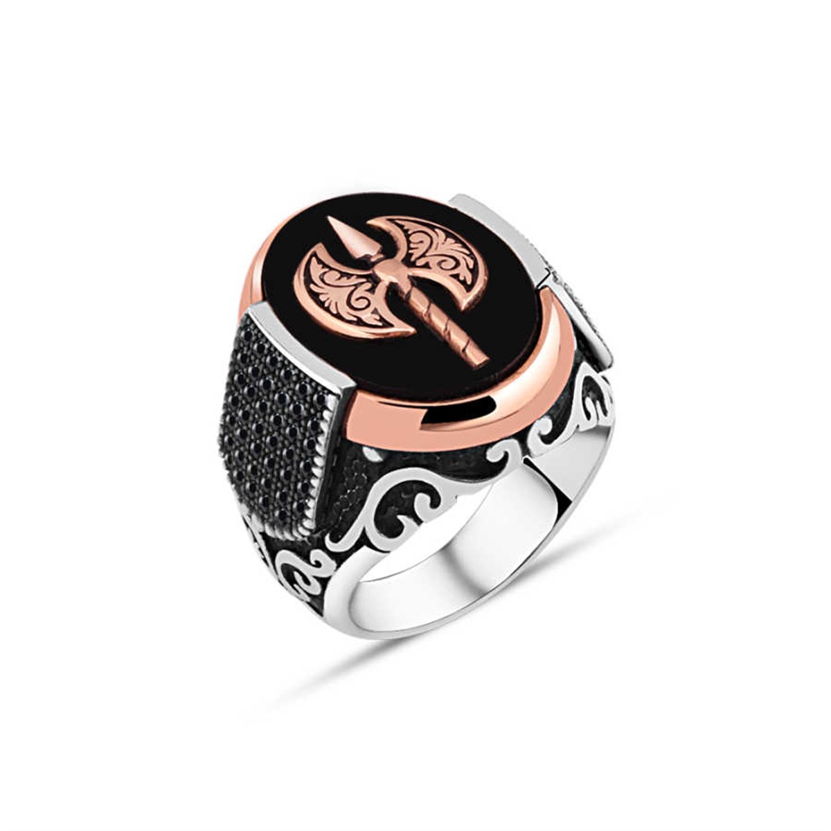 Onix Stone Double Ax Silver Men's Ring