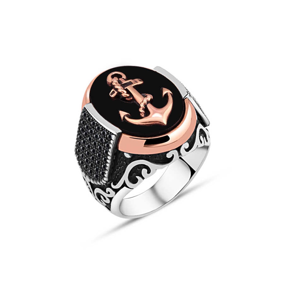 Onix Stone Anchor Silver Men's Ring