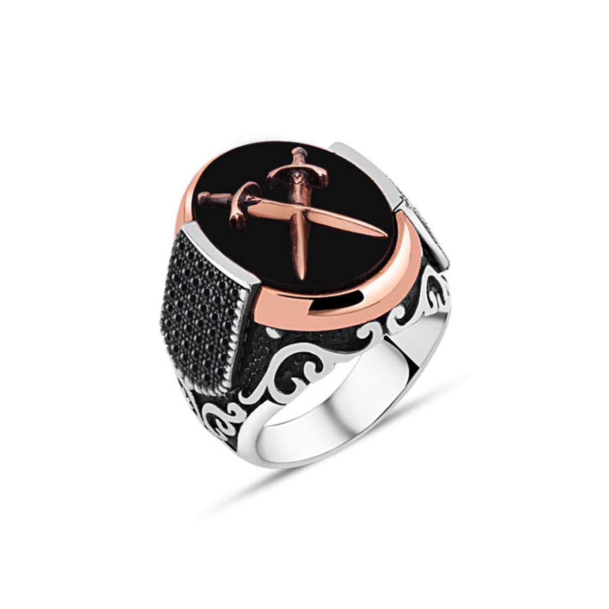 Onix Stone Double Sword Sterling Silver Men's Ring
