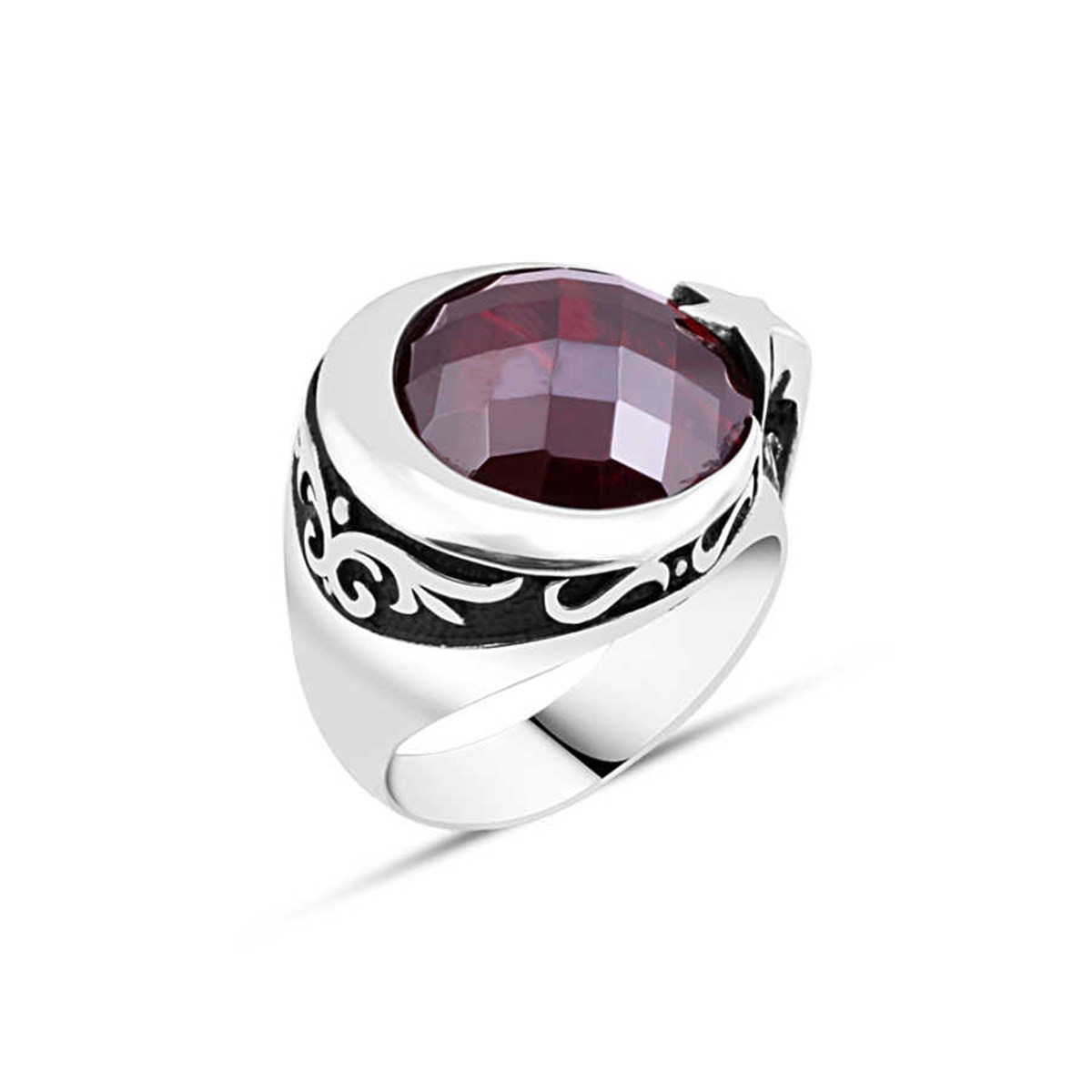 Red Zircon Stone Crescent-Star Sterling Silver Men's Ring