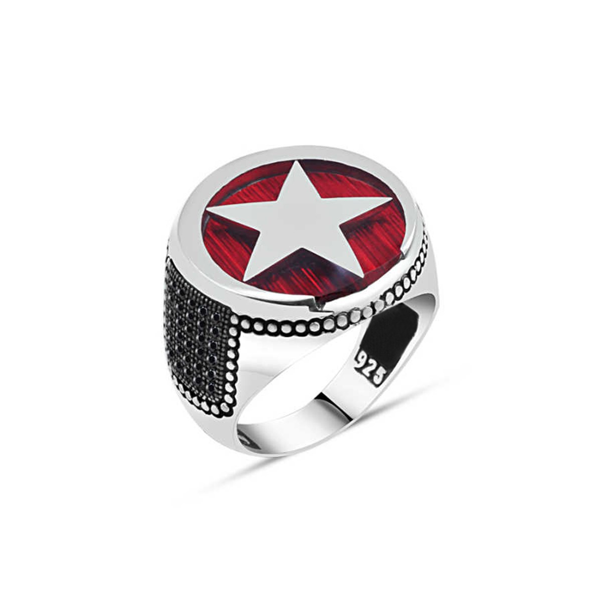 Zircon Stone Enameled Crescent-Star Sterling Silver Men's Ring