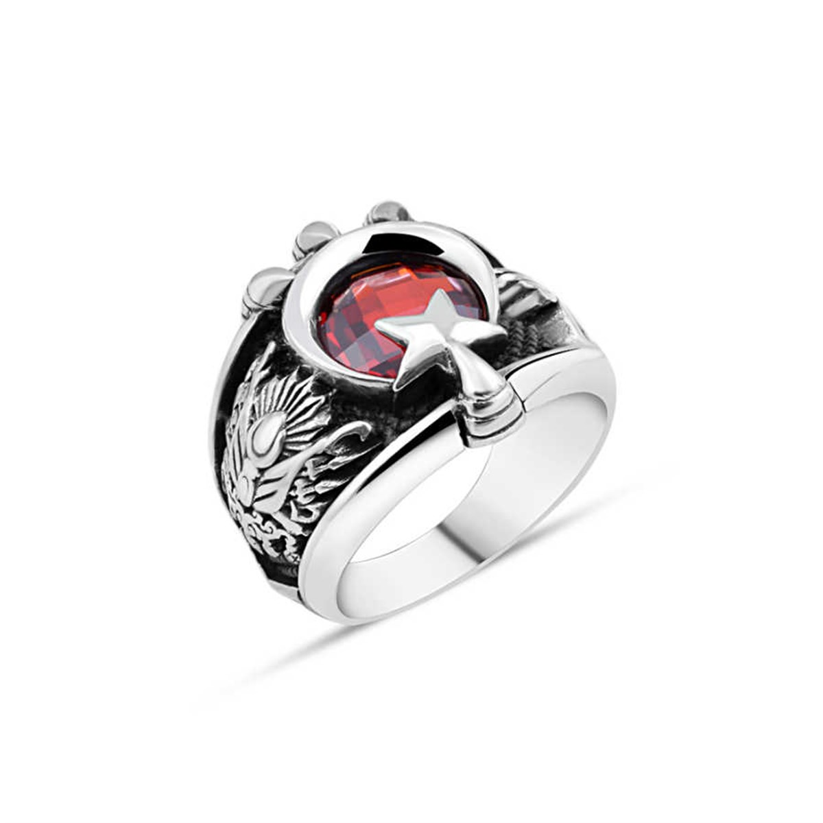 Red Zircon Stone Moon-Star Claw Sterling Silver Men's Ring