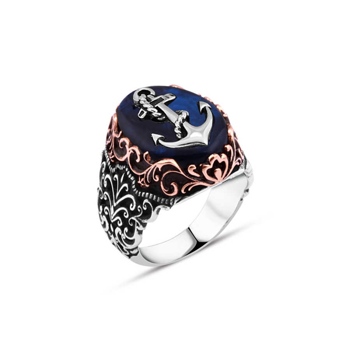 Anchor on Synthetic Amber Men's Ring in Sterling Silver