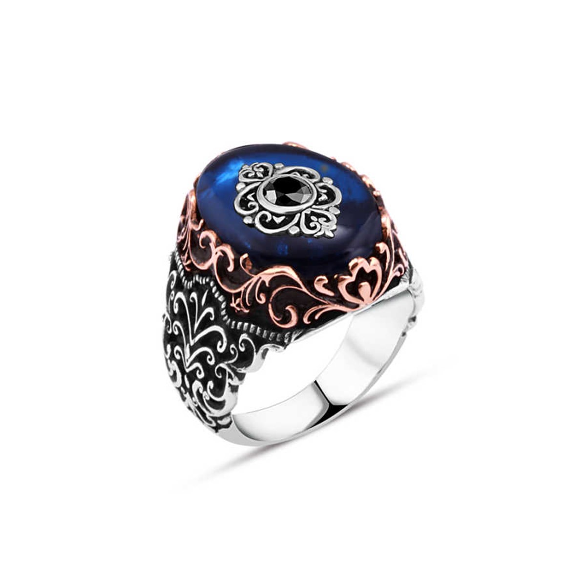 Synthetic Blue Amber Sterling Silver Men's Ring