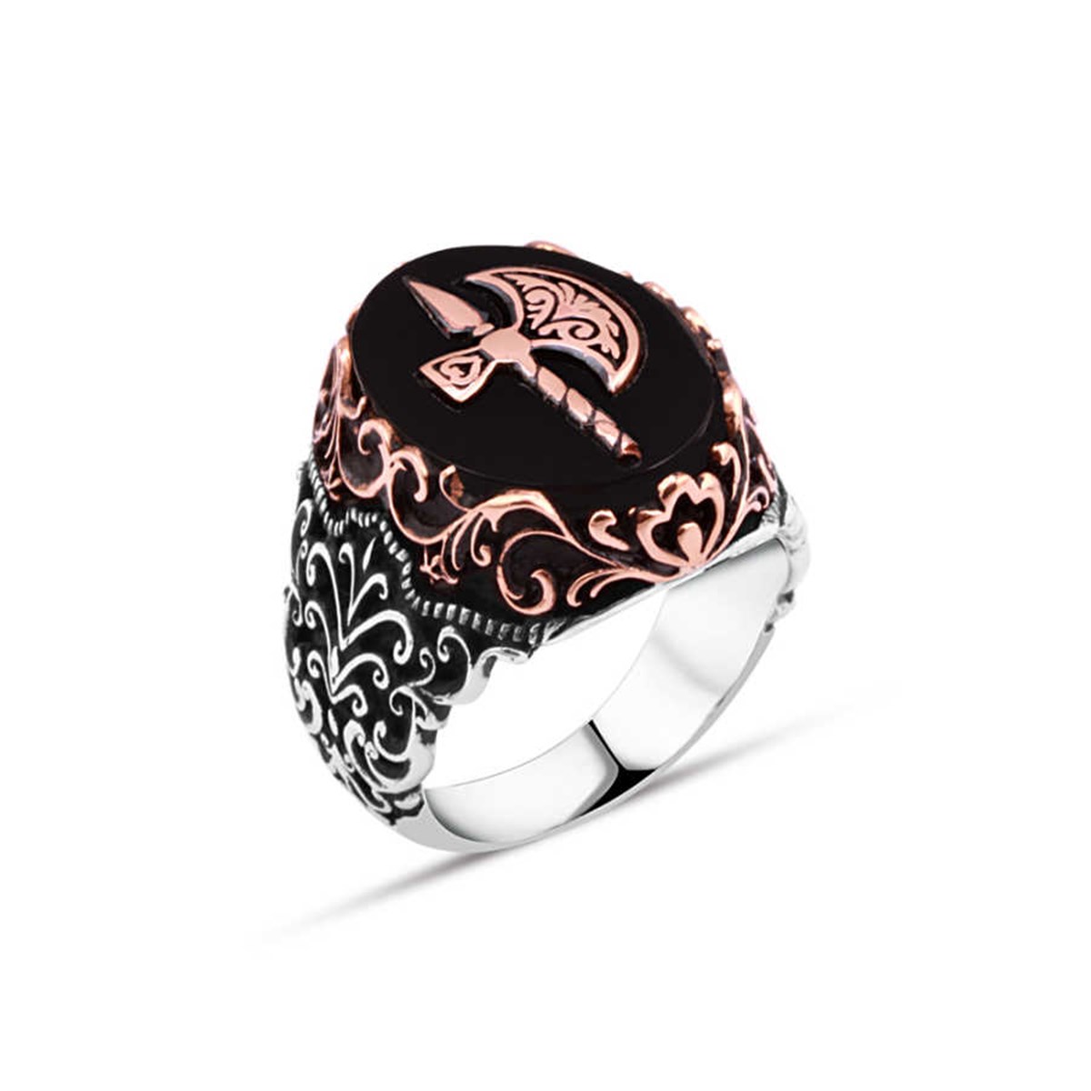 Onix Stone Ax Crest Sterling Silver Men's Ring