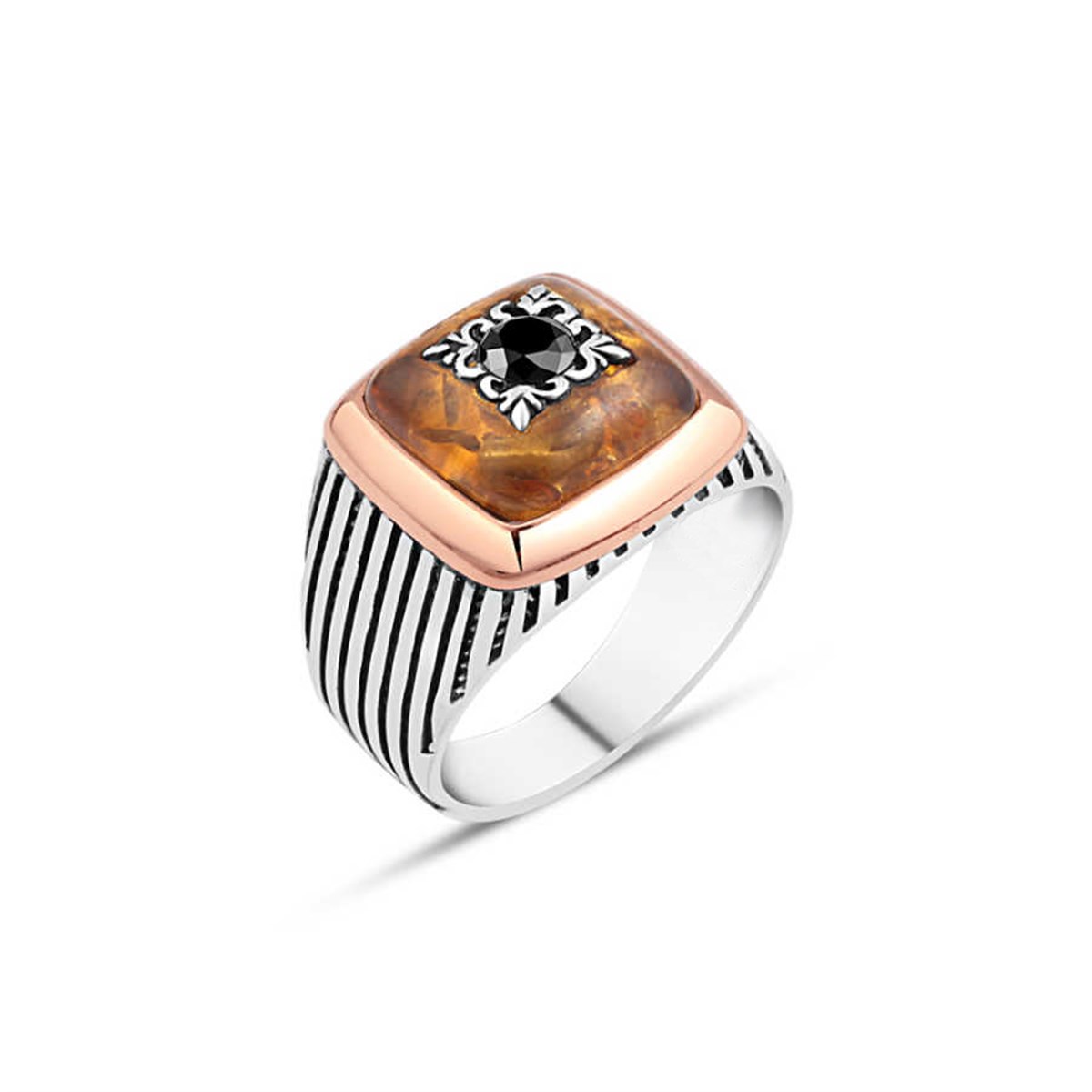 Sterling Silver Men's Ring with Zircon Stone in the Middle on Synthetic Amber