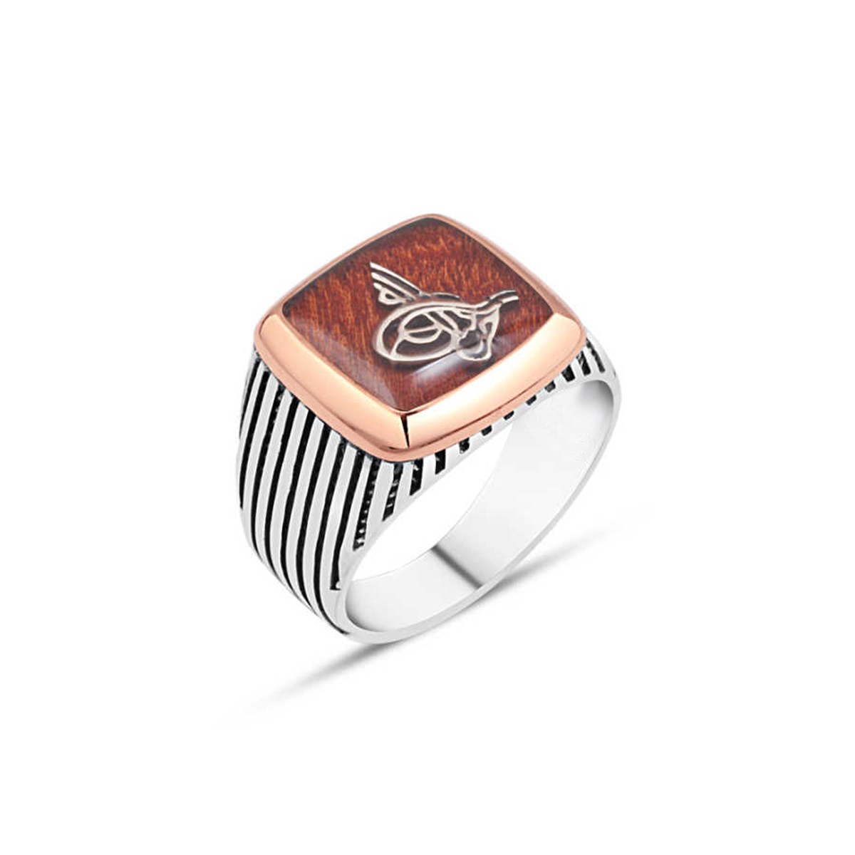 Sterling Silver Men's Ring with Enamel Tugra on Wood