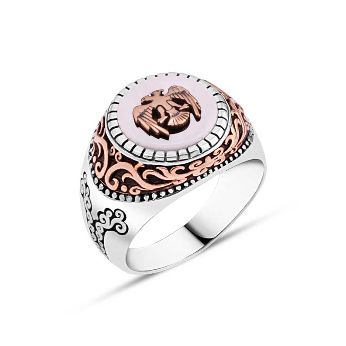 Seljuk Eagle Silver Men's Ring on Mother of Pearl Stone