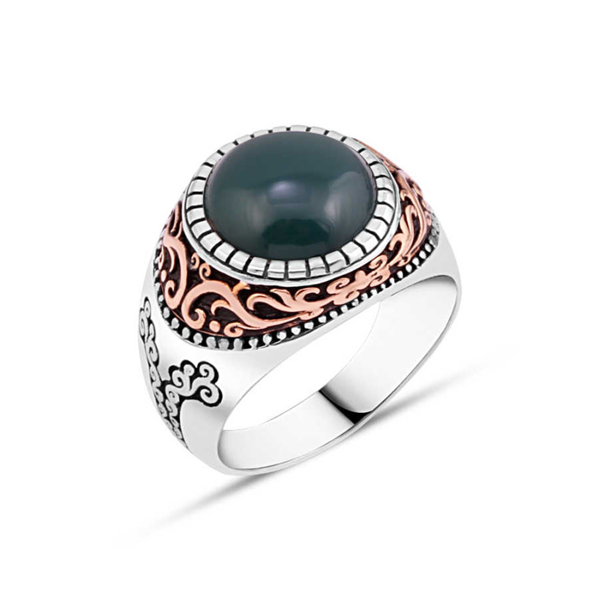 Green Agate Hood Stone Sterling Silver Men's Ring