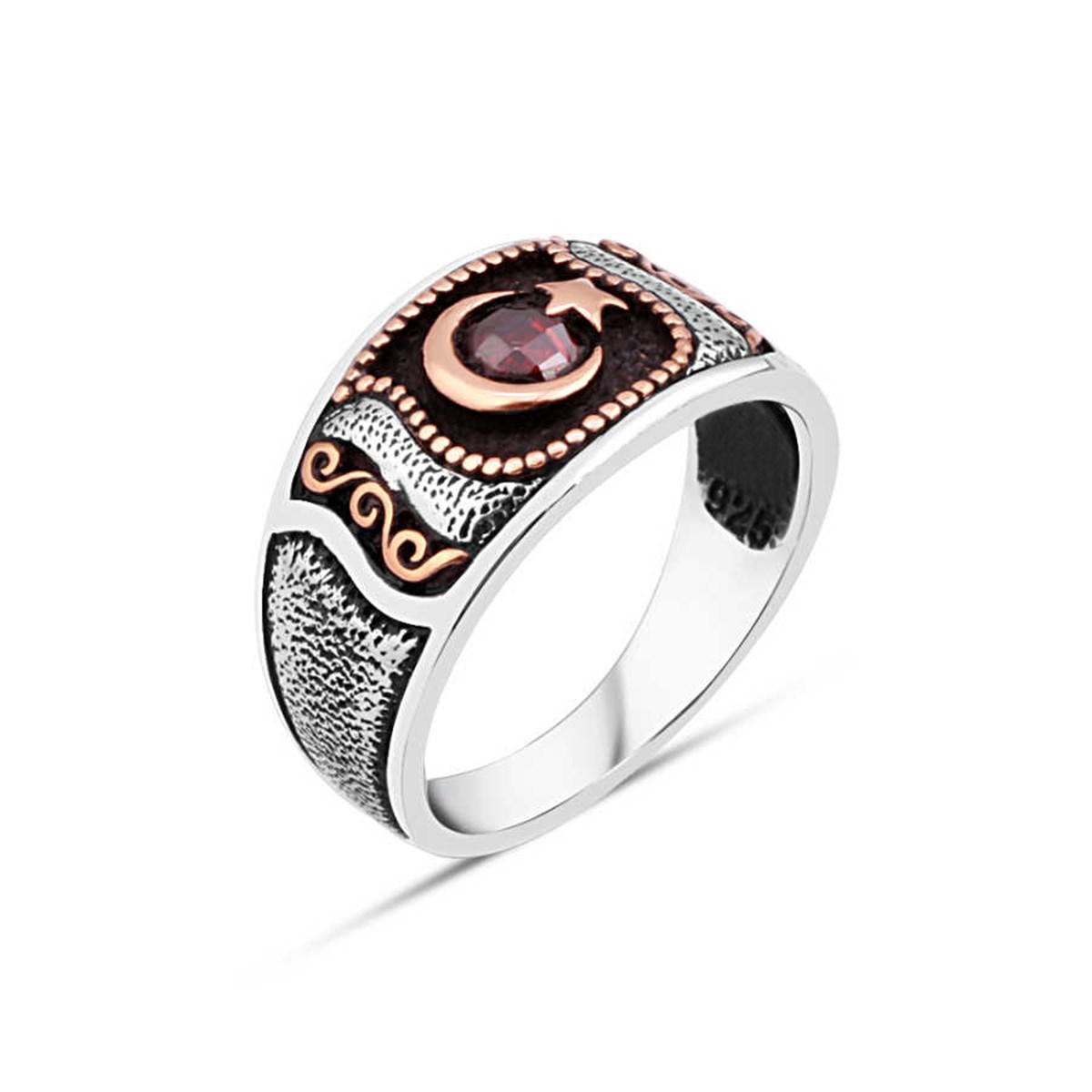 Moon-Star Silver Men's Ring with Zircon Stone in the Middle
