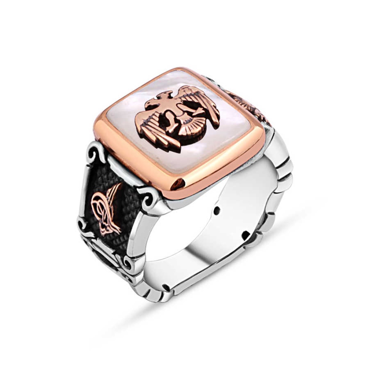 Double Headed Eagle Silver Men's Ring on Mother of Pearl Stone