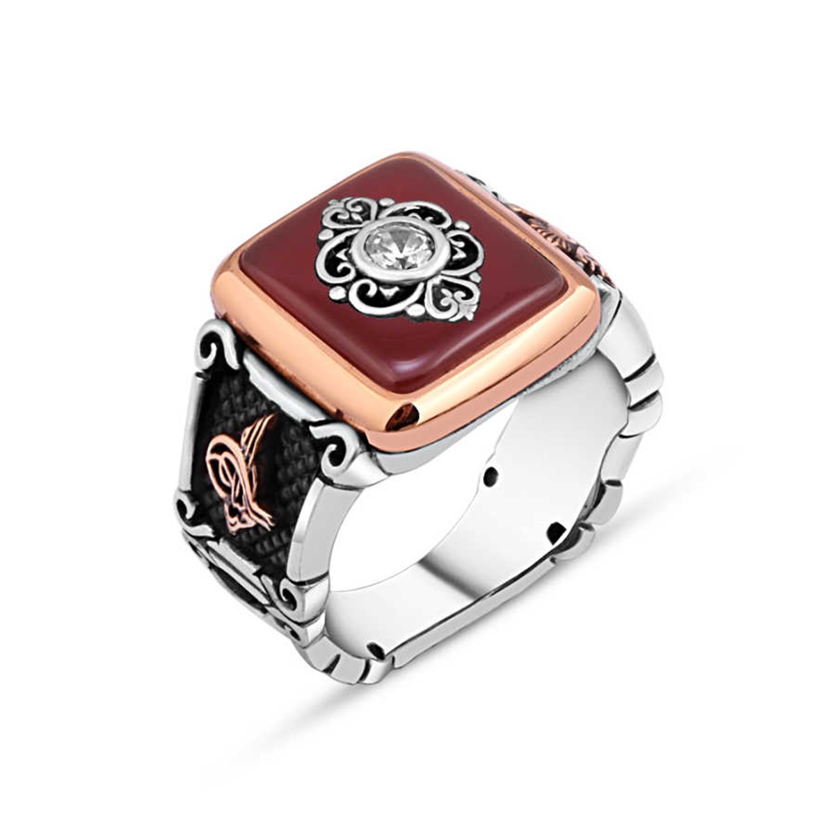 Agate Stone Middle Zircon Stone Motif Sterling Silver Men's Ring