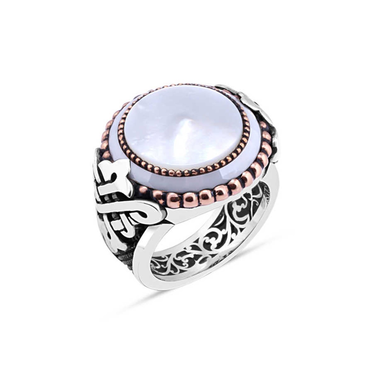 Plain Mother-of-Pearl Stone Edge Circle Stone Sterling Silver Men's Ring