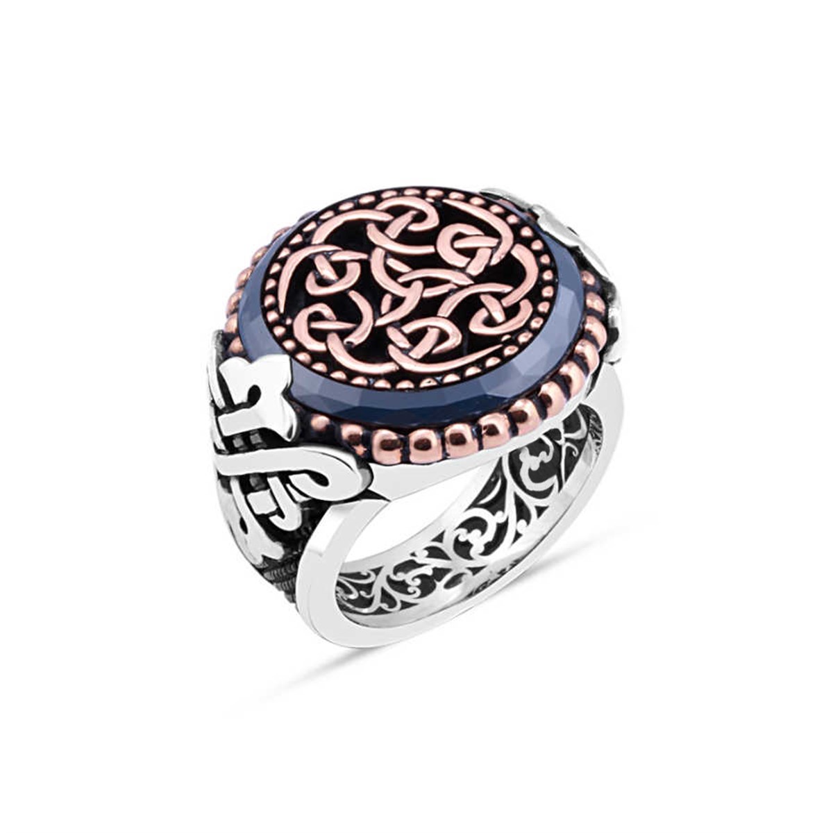 Sterling Silver Men's Ring with Motif and Circle Stone