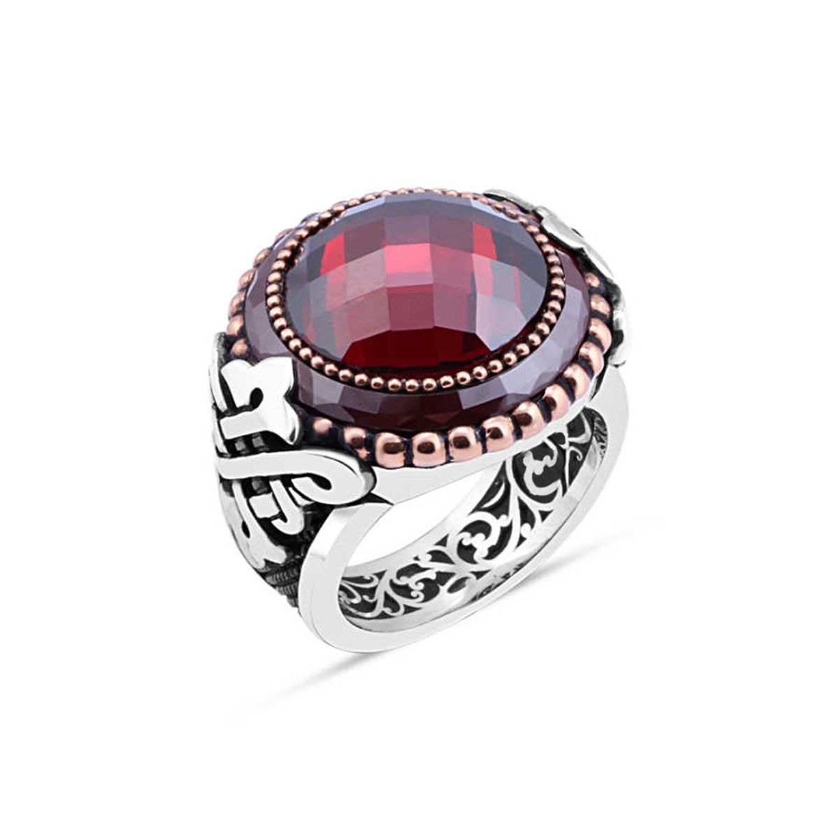 Cut Red Zircon Stone Edge Circle Stone Sterling Silver Men's Ring