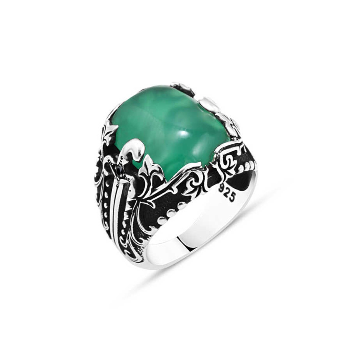 Green Agate Stone Sterling Silver Men's Ring