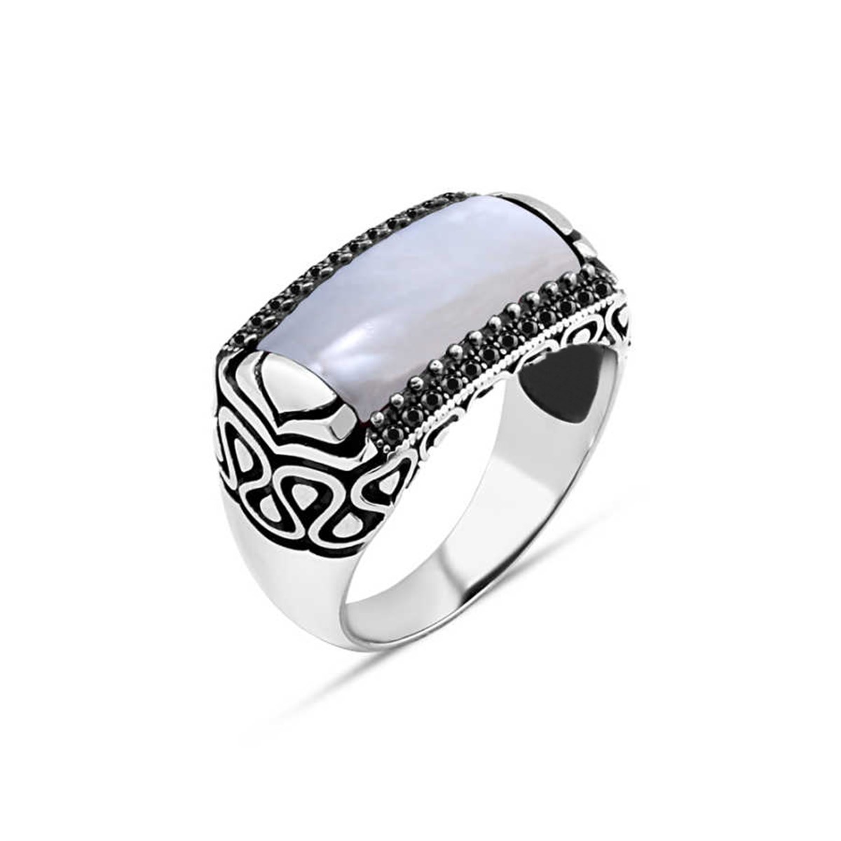 Small Black Zircon Stone Sterling Silver Men's Ring with Mother of Pearl Stone