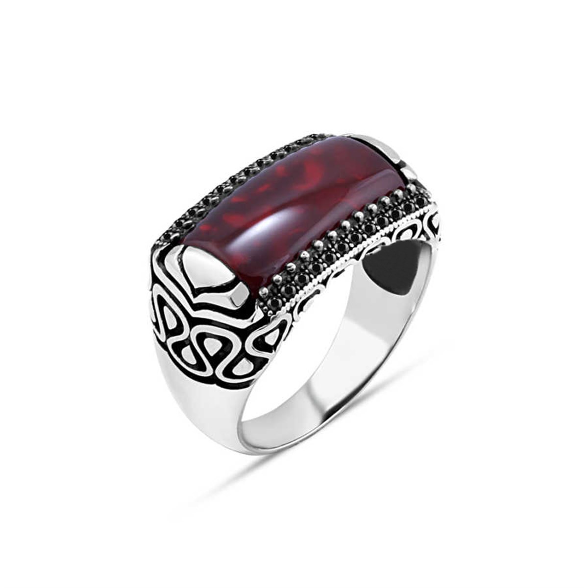 Agate Stone Sides Tiny Black Zircon Stone Sterling Silver Men's Ring