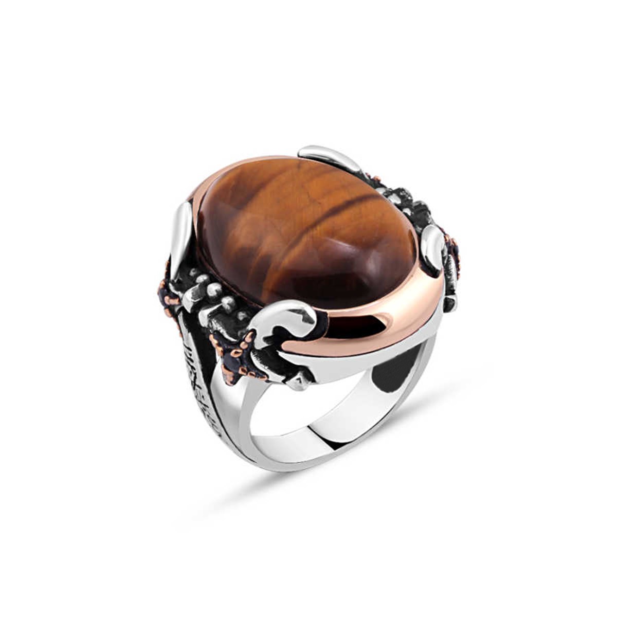 Hooded Tiger's Eye Sterling Silver Men's Ring with Sword Edges