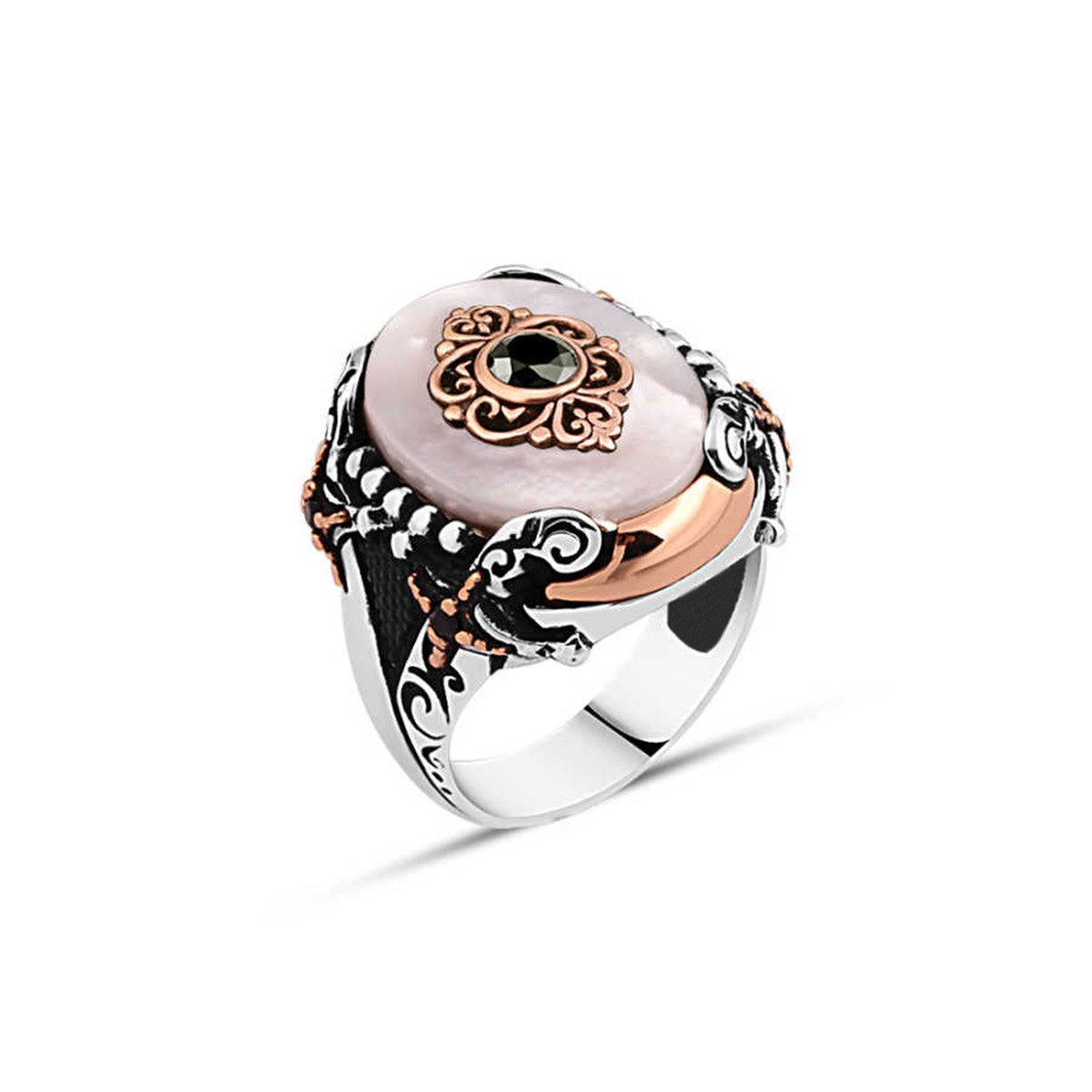 Sterling Silver Men's Ring with Pearl Stone and Zircon Stone on the Edge