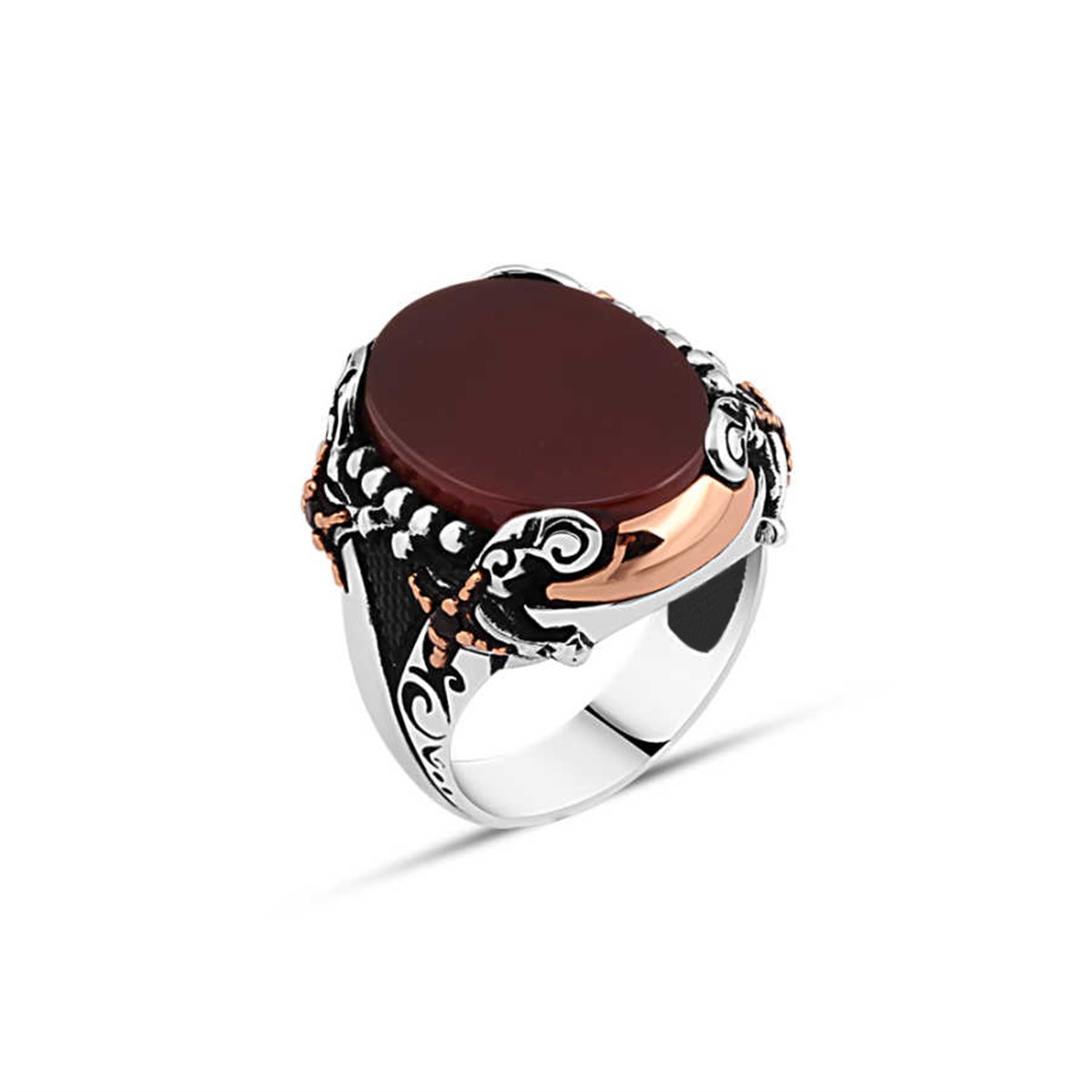 Sterling Silver Men's Ring with Plain Agate Stone and Sword