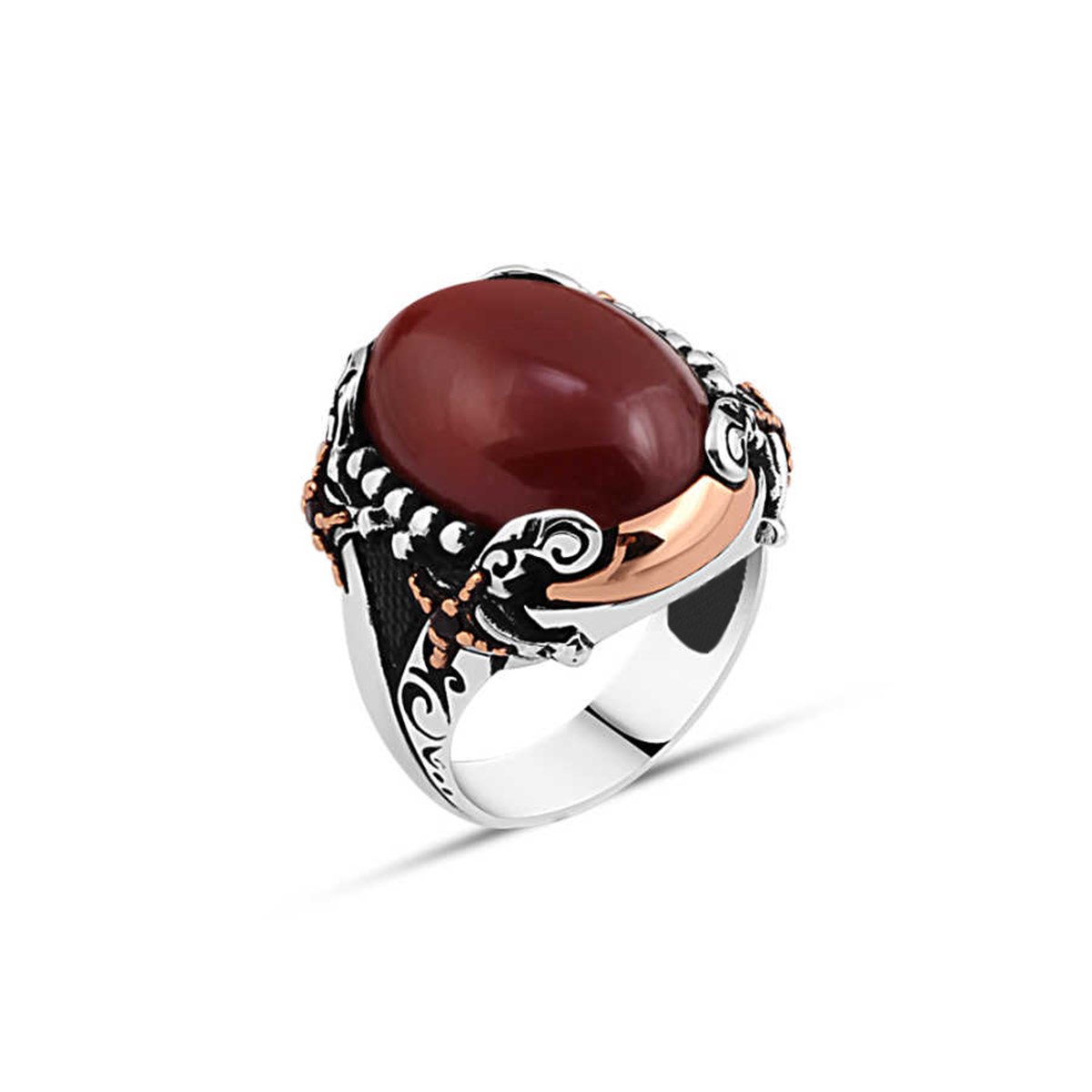 Sterling Silver Men's Ring with Hooded Red Tiger Eye and Swords