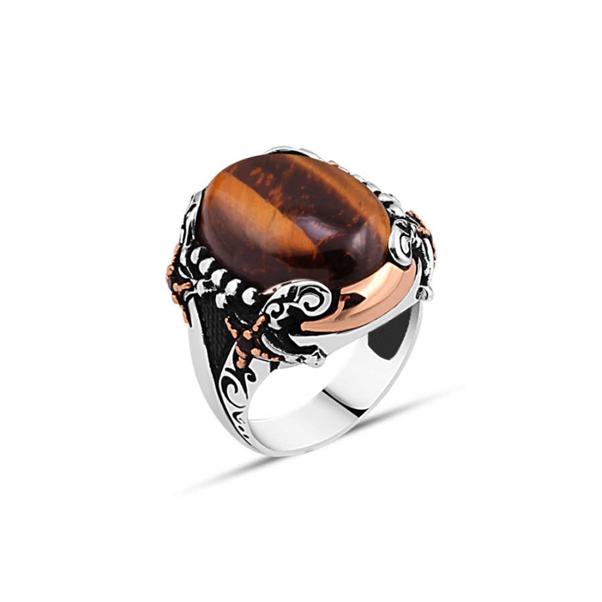 Hooded Tiger's Eye Sterling Silver Men's Ring with Sword Edges