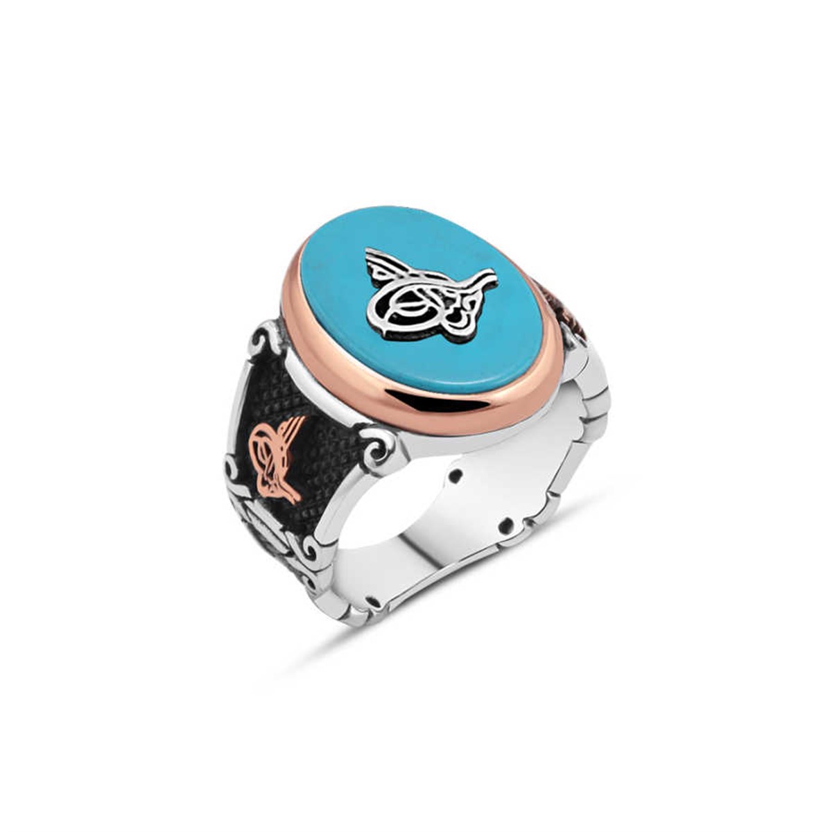 Turquoise Stone Tugra Men's Ring in Sterling Silver