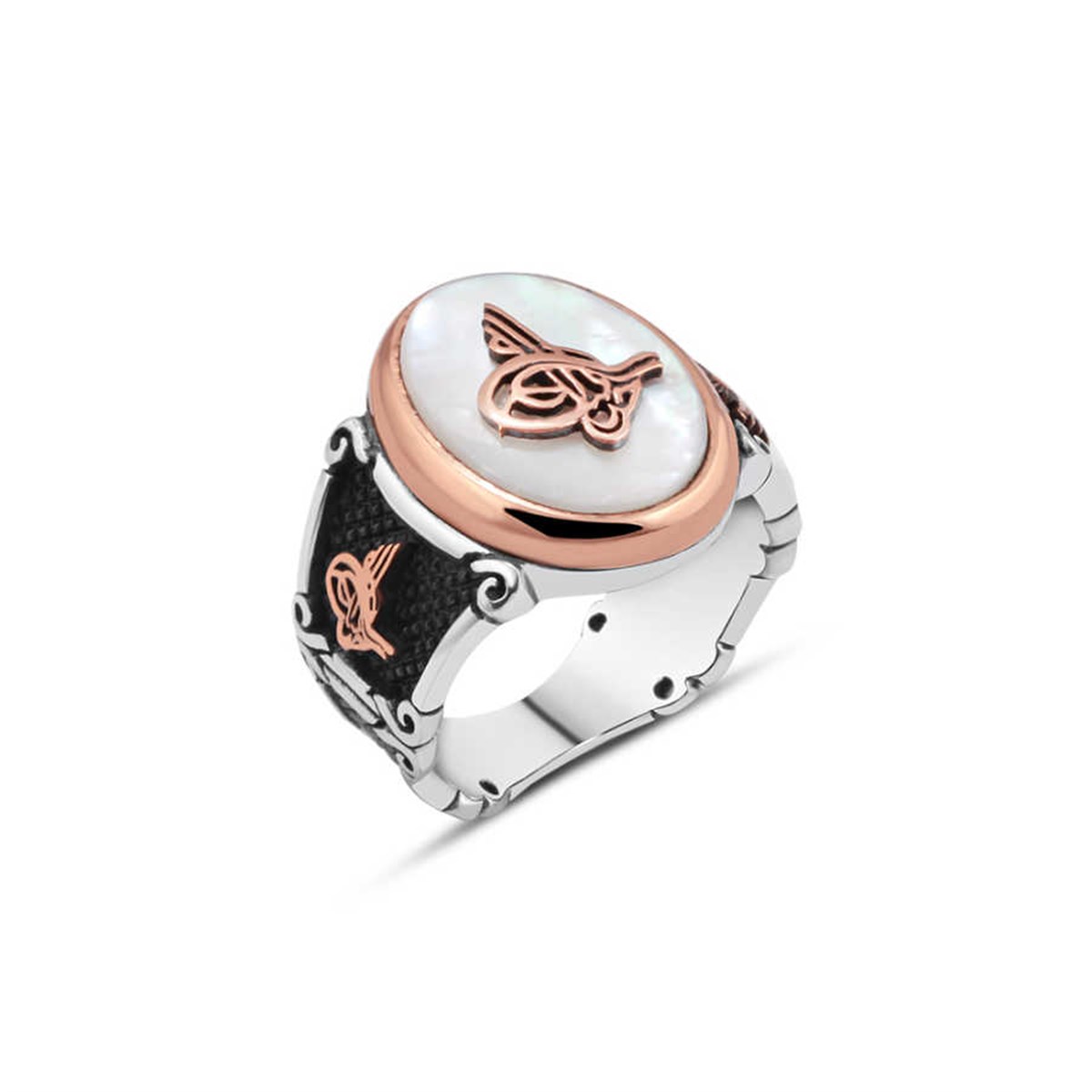 Sterling Silver Men's Ring with Mother of Pearl Stone and Tugra