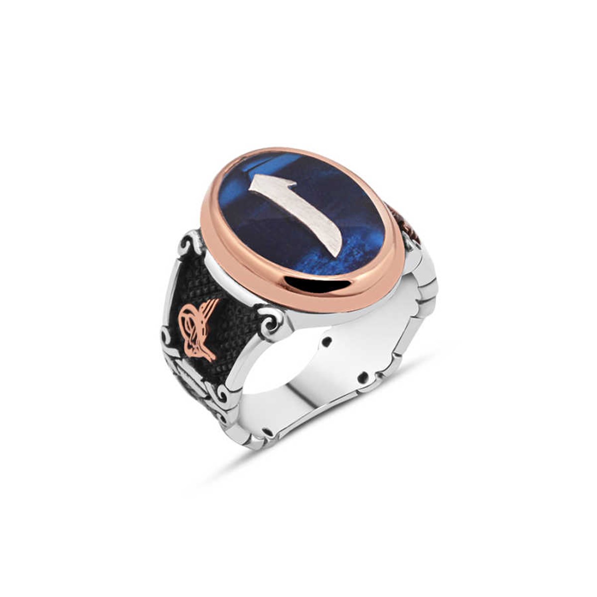 Blue Enamel Elif Inscription Silver Men's Ring