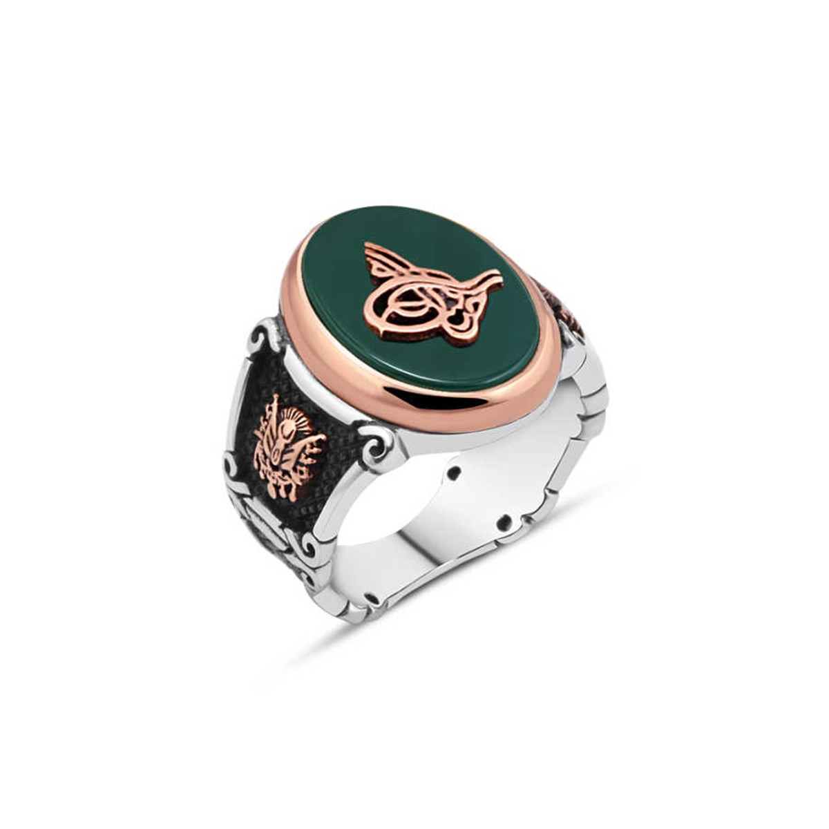 Silver Men's Ring with Tugra on Green Agate Stone